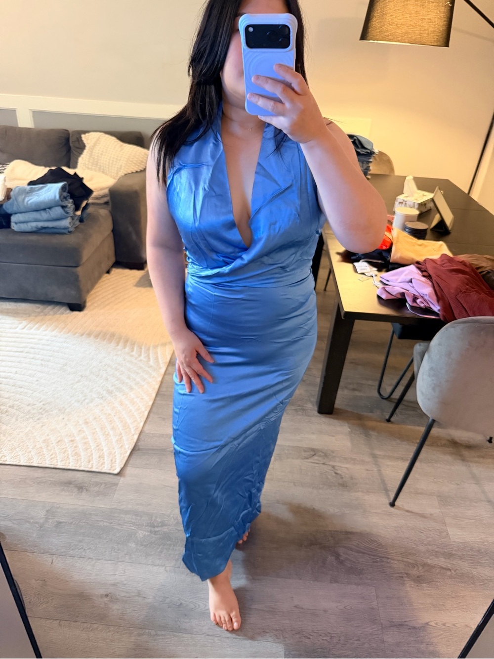 Zara Sapphire Blue Halter Satin Maxi Dress